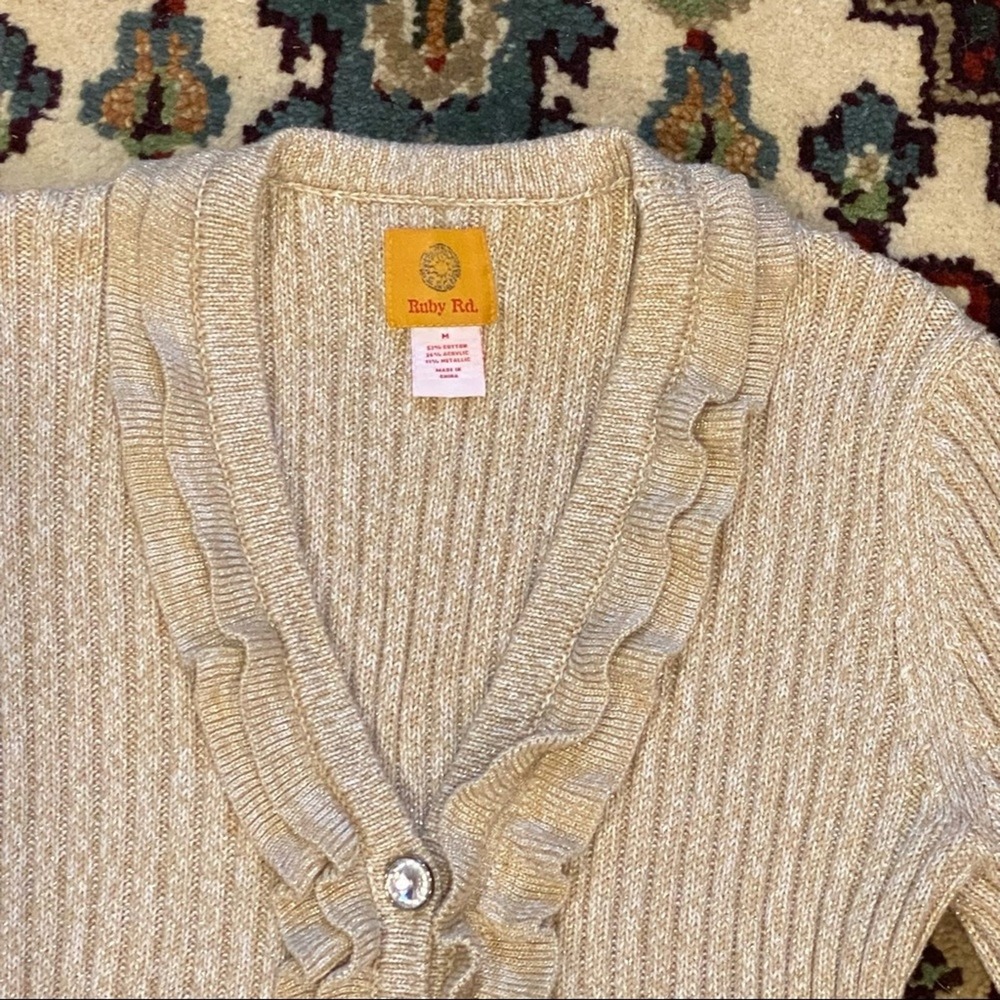 Ruby Rd Cardigan Women M Gold Unused Ruffle Metallic Rhinestone Ribbed Sweater - Picture 2 of 8